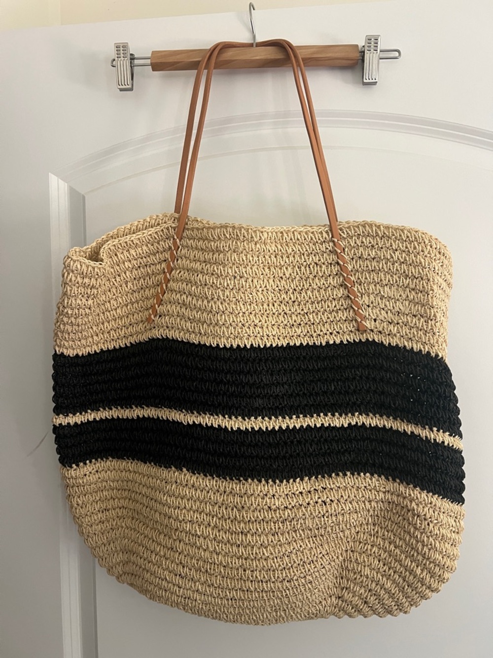 Bujibaja Woven Straw Tote Bag with Black Stripe